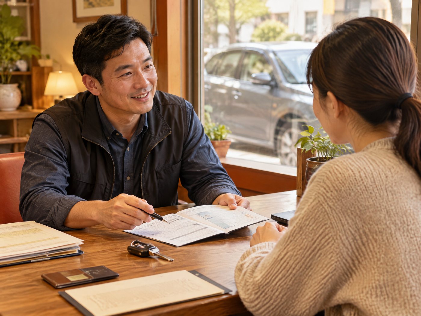 顧問與客戶在溫馨諮詢桌前確認車輛文件與鑰匙,討論是否需要到店估價