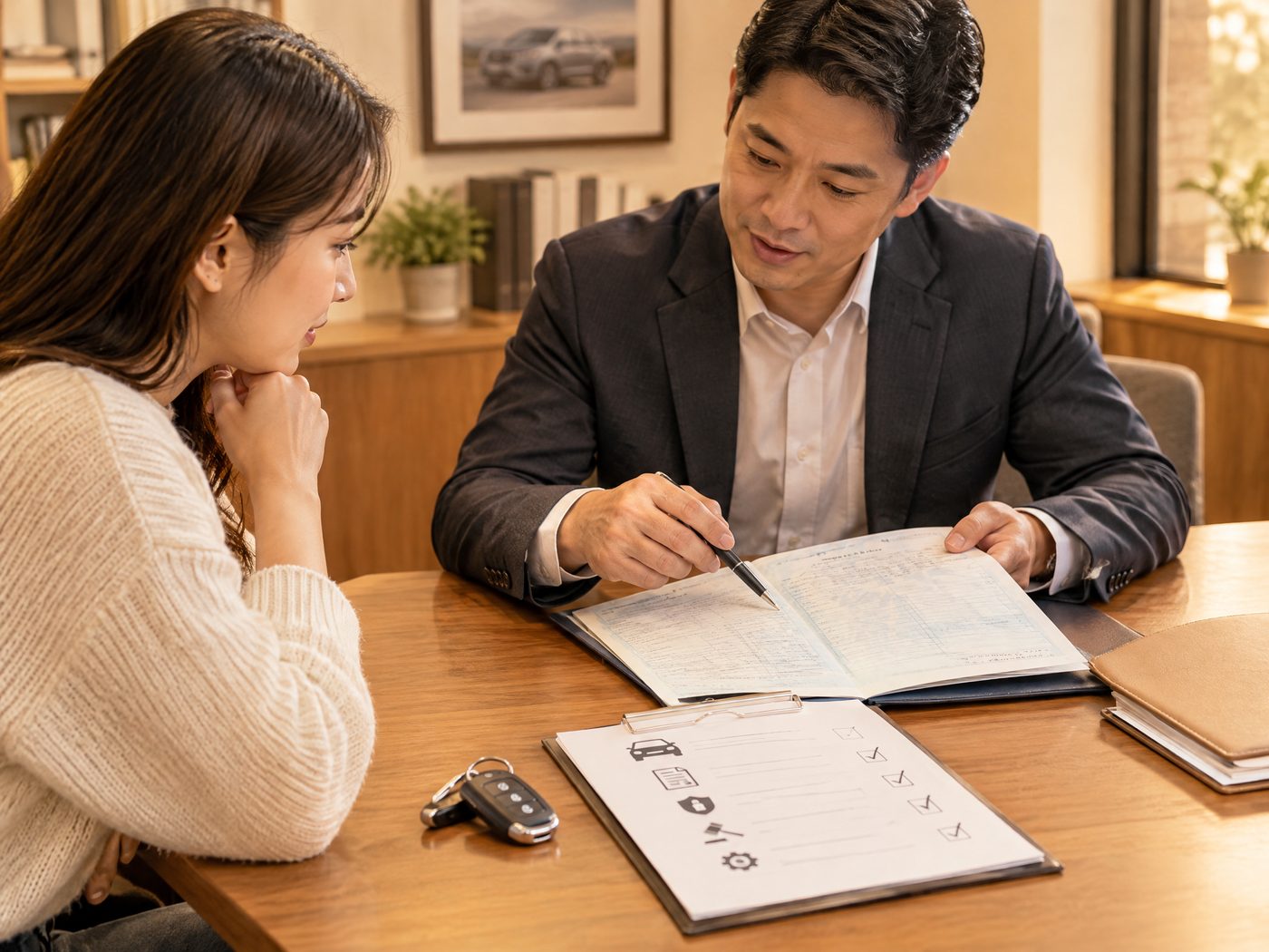 顧問與客戶在溫馨諮詢桌前確認車輛文件、車鑰匙與權利狀態清單
