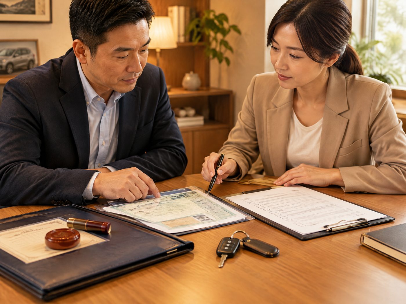 公司負責人與顧問在溫馨諮詢桌前確認公司車輛文件、車鑰匙與授權資料
